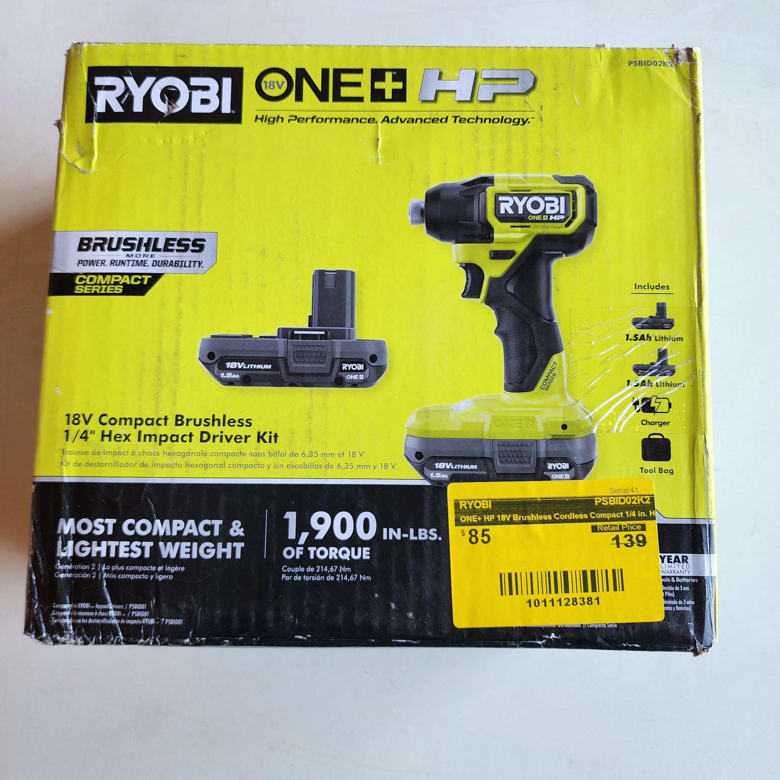 ONE+ HP 18V Brushless Cordless Compact 1/4 in. Hex Impact Driver Kit with (2) 1.5 Ah Batteries and Charger (PSBID02K2)