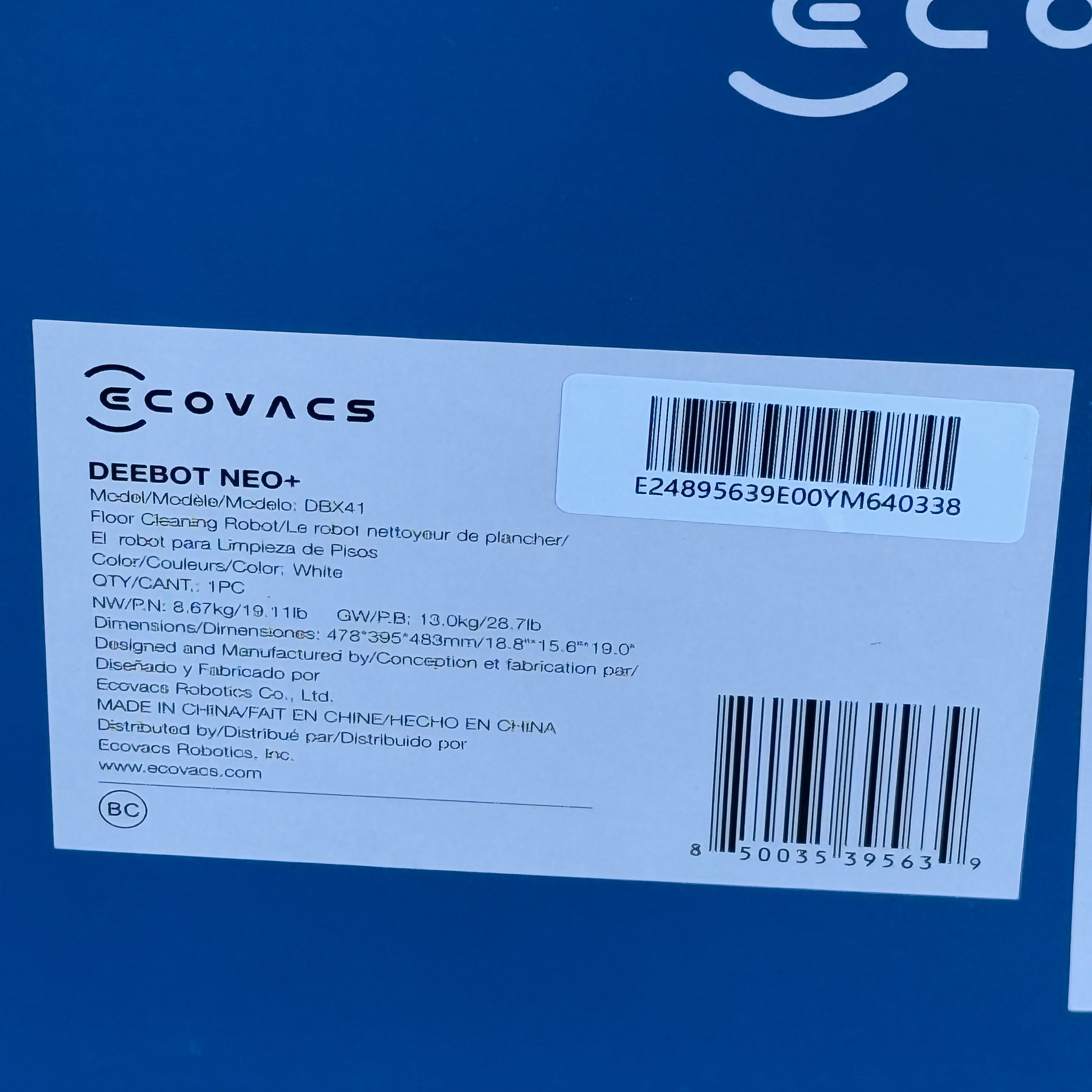 ECOVACS NEO+VACMOP ROBOT (Used)