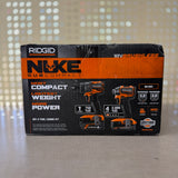 RIDGID 18V Brushless Nuke Subcompact 2-Tool Combo Kit — 1/2" Hammer Drill + 1/4" Impact Driver w/ 4.0Ah & 2.0Ah Batteries