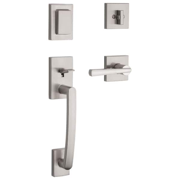 Prestige Spyglass Single Cylinder Satin Nickel Door Handleset with Square Spyglass Door Handle Feat SmartKey Security (91800-030)