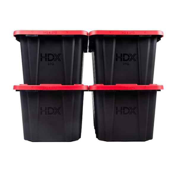 27 Gal. Tough Storage Tote in Black with Red Lid (4-Pack) (999-27G-HDX-R4)