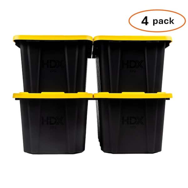 27 Gal. Tough Storage Tote in Black with Yellow Lid (4-Pack) (999-HDX-27G-4)