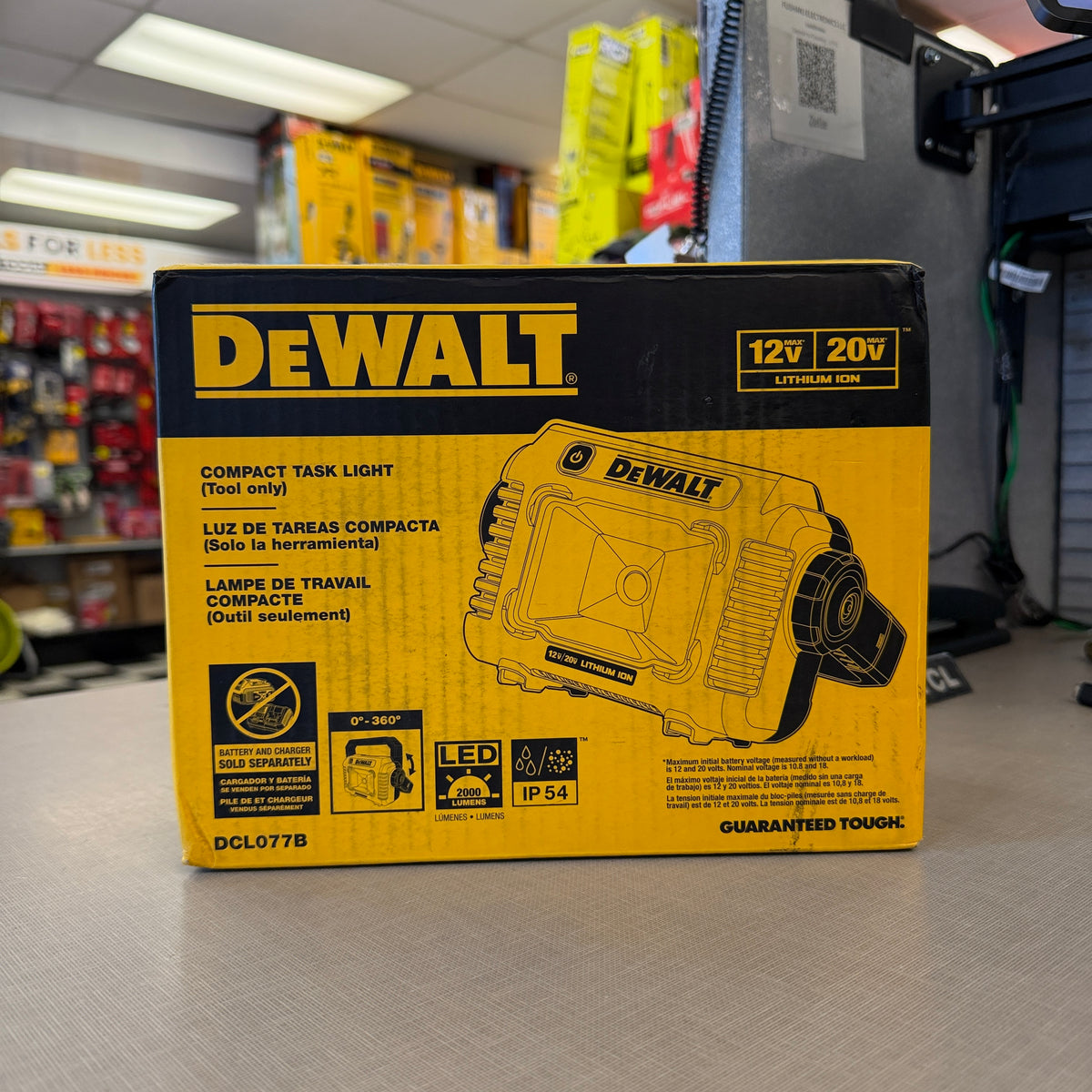 DEWALT DCL077B 12V/20V MAX compact LED task light tool only retail box front view