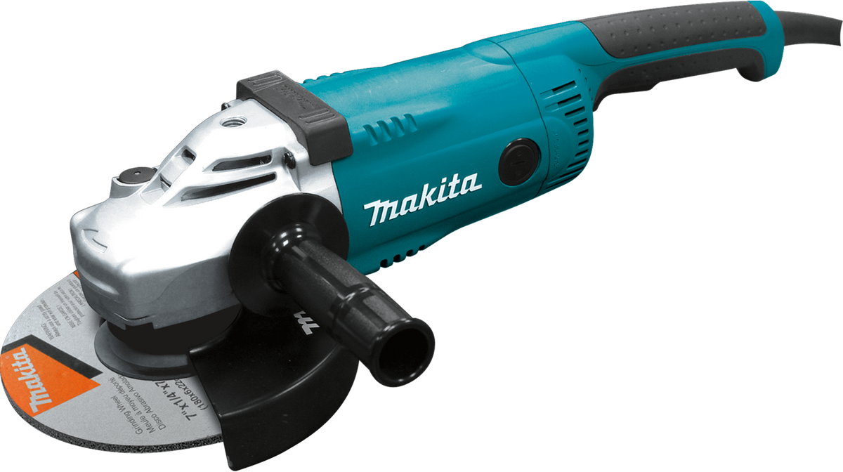 Makita GA7021 corded angle grinder shown with wheel, guard, and side handle