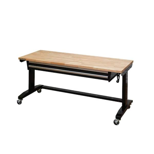 62 in. W x 24 in. D 2-Drawer Adjustable Height Black Workbench Table with Solid Wood Top (HOLT6202B11)