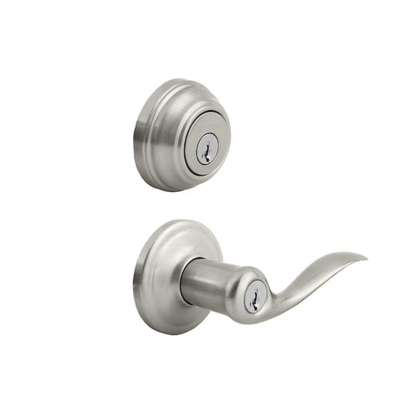 Tustin Satin Nickel Exterior Entry Door Handle and Single Cylinder Deadbolt Combo (991TNL15SMTCPK4)