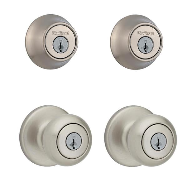 Cove Satin Nickel Keyed Entry Door Knob and Single Cylinder Deadbolt Project Pack featuring SmartKey and Microban (92420-059)