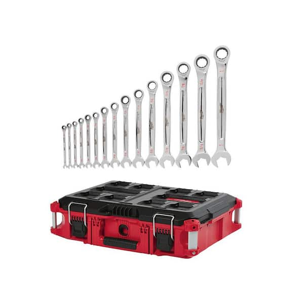 SAE Combination Ratcheting Wrench Set (15-Piece) with PACKOUT 22 in. Tool Box (48-22-9416)