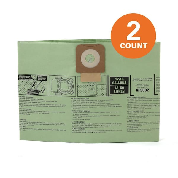 Wet Dry Vacuum Premium Cyclonic Dry Pick-up Only Dust Bags for Select 12-16 Gallon (VF3602)