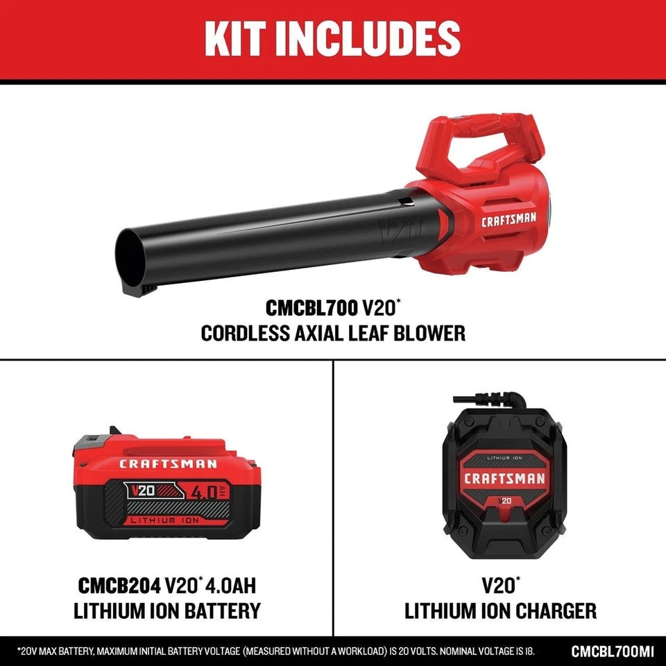 Craftsman V20 CMCBL700M1 Cordless Leaf Blower Kit - 100 MPH 380 CFM with 4.0Ah Battery and Charger